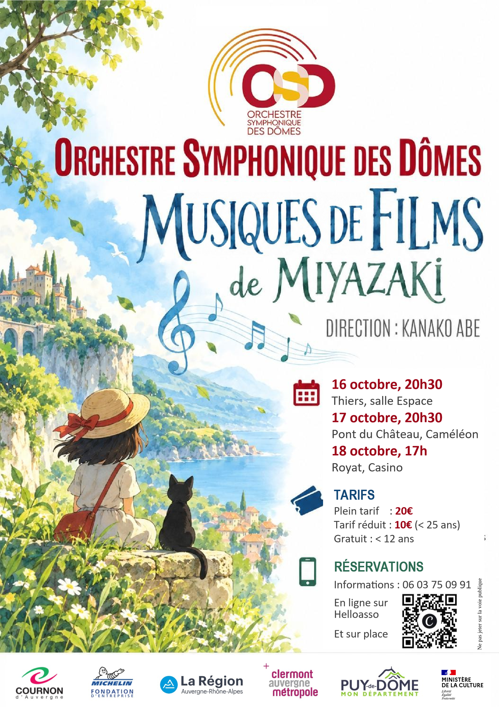 Affiche du concert Musiques de films de Miyazaki, direction Kanako Abe, les 16, 17 et 18 octobre 2026 à Thiers, Pont-du-Château et Royat.